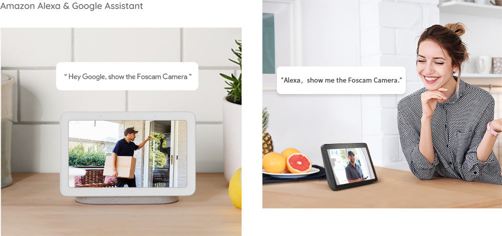 Smart displays showing live footage from Wifi camera Foscam S21 with Alexa and Google Assistant compatibility.