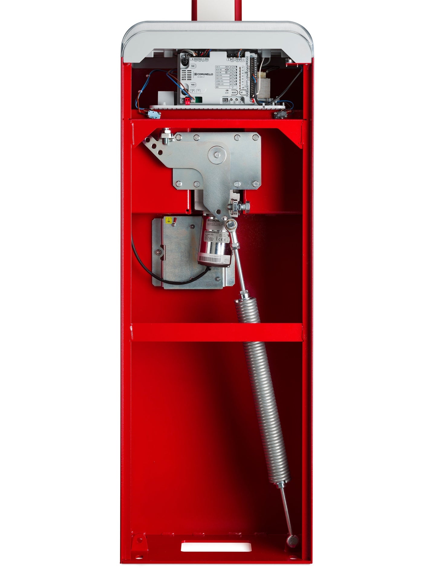Comunello Limit 600 24V 6M Intensive Use Gate Barrier with red casing and internal motor components shown.