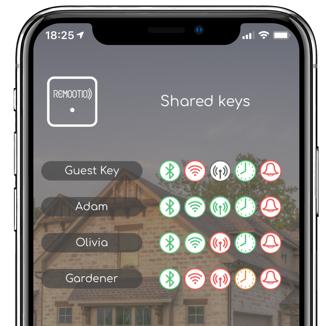 Smartgates-Remootio-3 smart gate opener app interface showing shared keys and connectivity status.