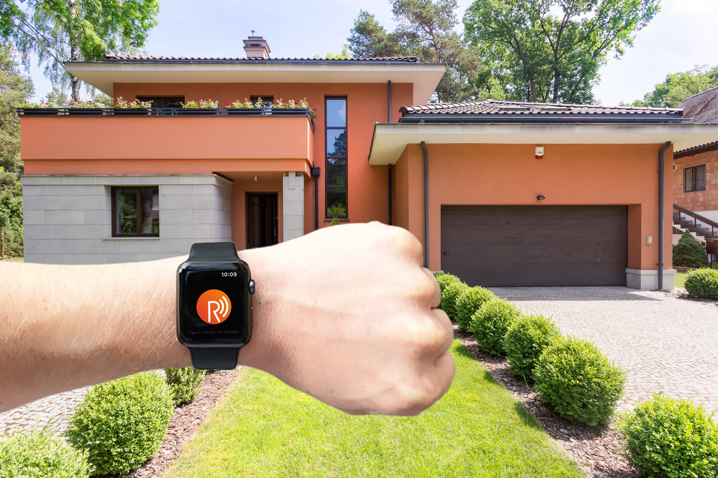 Smartgates-Remootio-3 smart gate opener demonstration with smartwatch control in front of modern home.