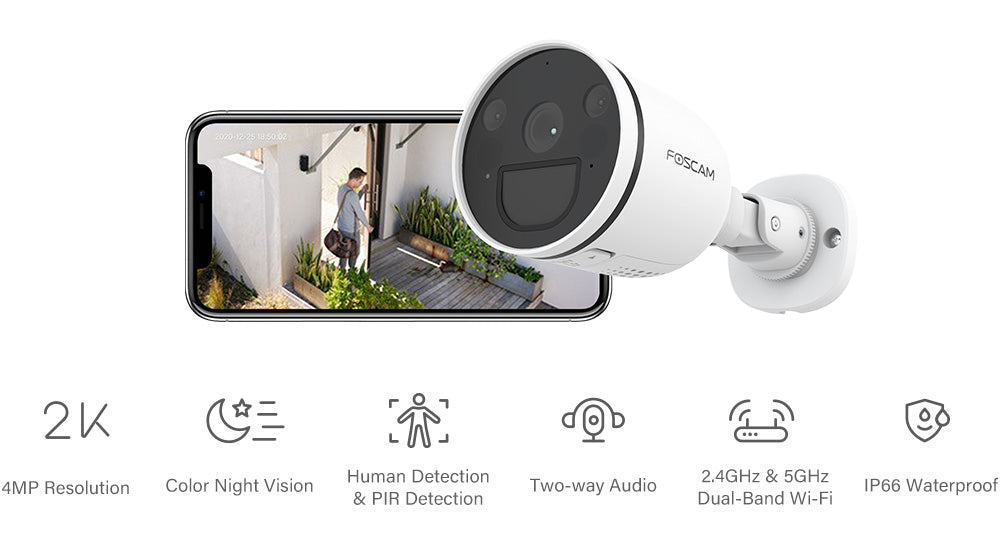 Wifi camera Foscam S21 bullet camera with smartphone view, showcasing 2K resolution, color night vision, human detection, two-way audio, dual-band Wi-Fi, and IP66 waterproof features.