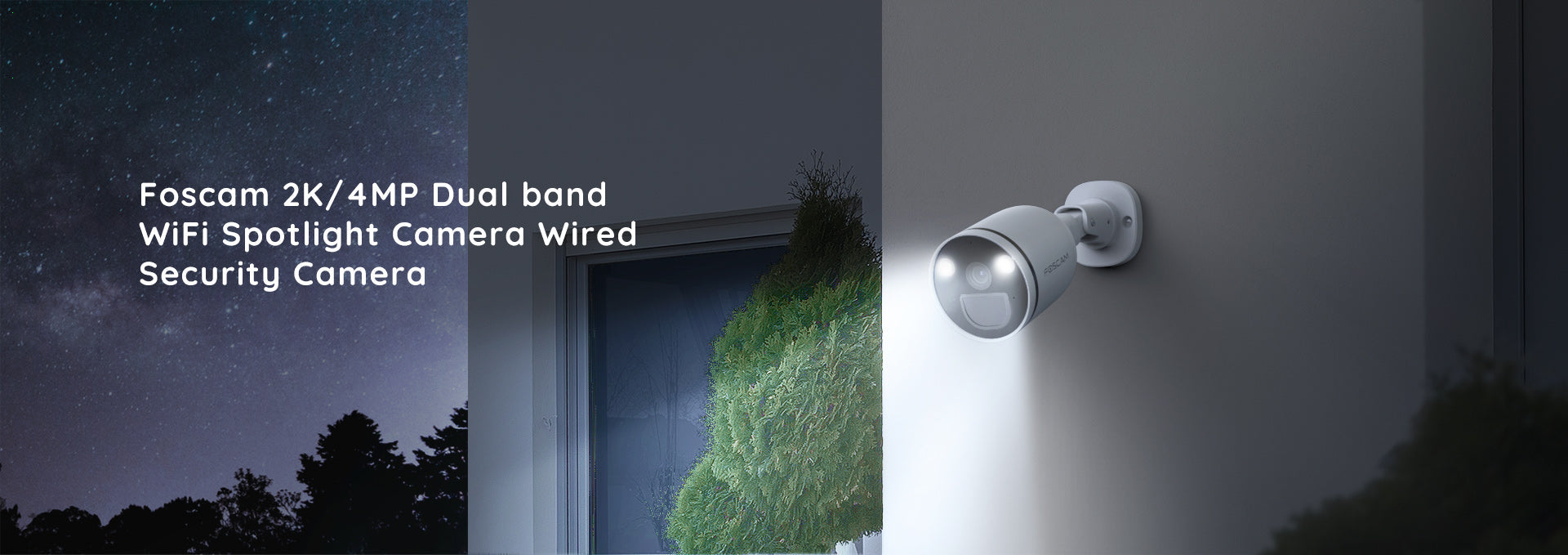 Wifi camera Foscam S21 bullet camera with spotlight illuminating outdoor area at night.