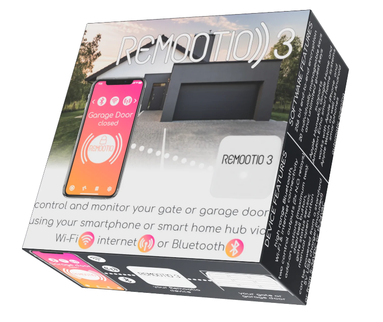 Smartgates-Remootio-3 smart Gate opener packaging showing smartphone control features and compatibility with Wi-Fi and Bluetooth.