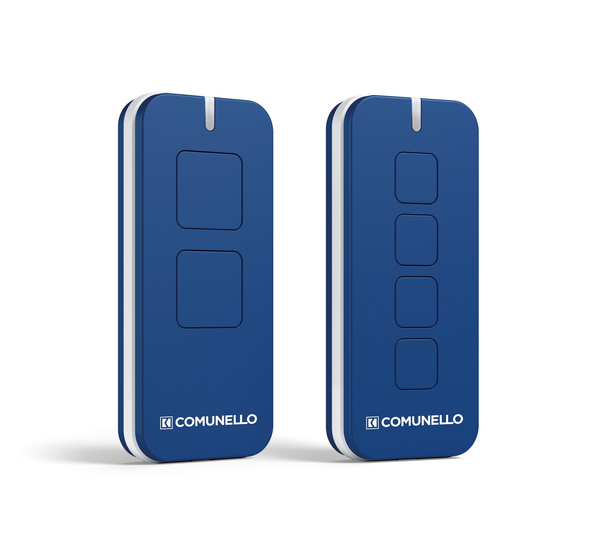 Comunello Remotes Rolling Code in ocean blue with 2 and 4 button configurations.