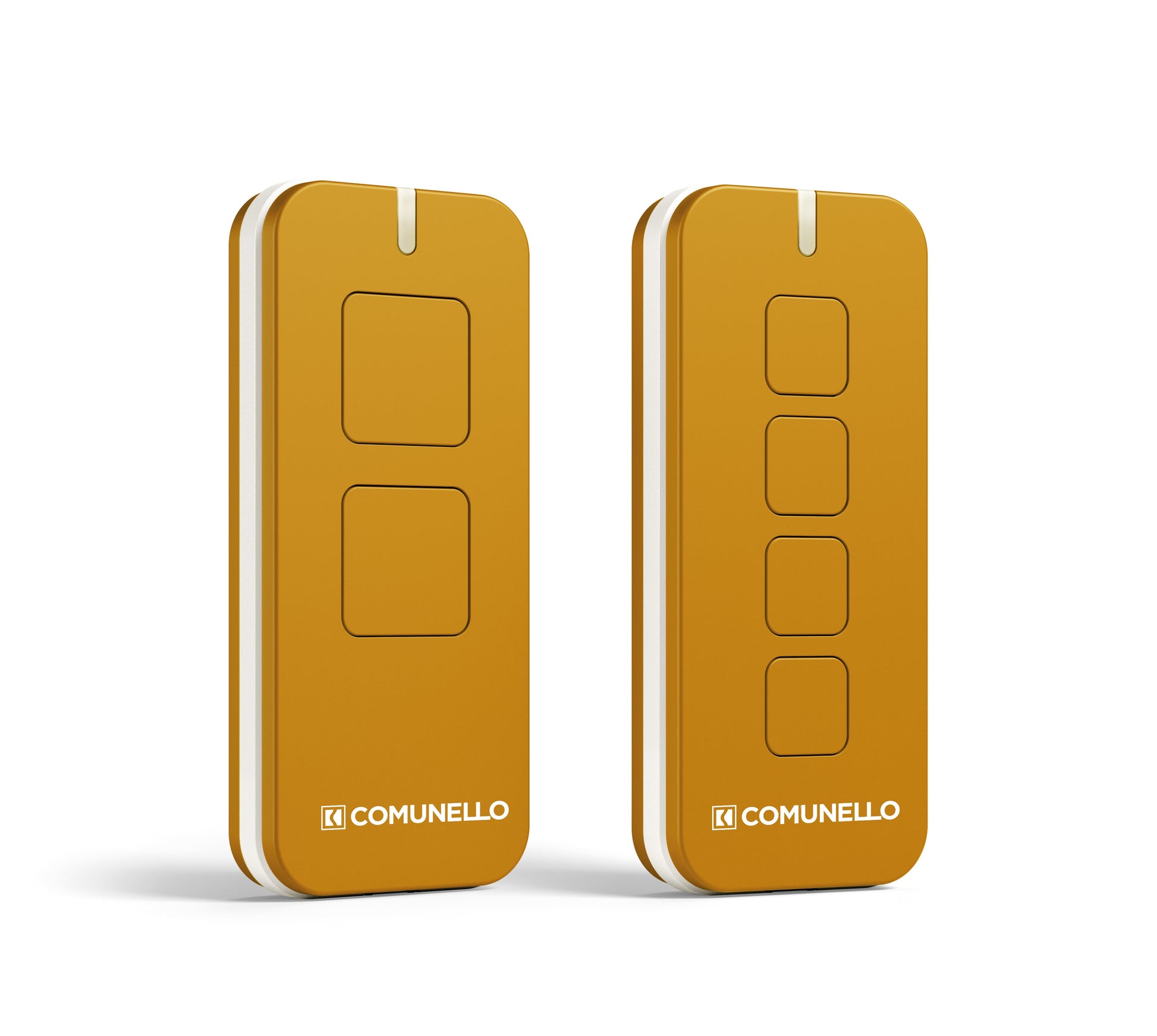 Comunello Remotes Rolling Code in saffron yellow with dual and quad button options.