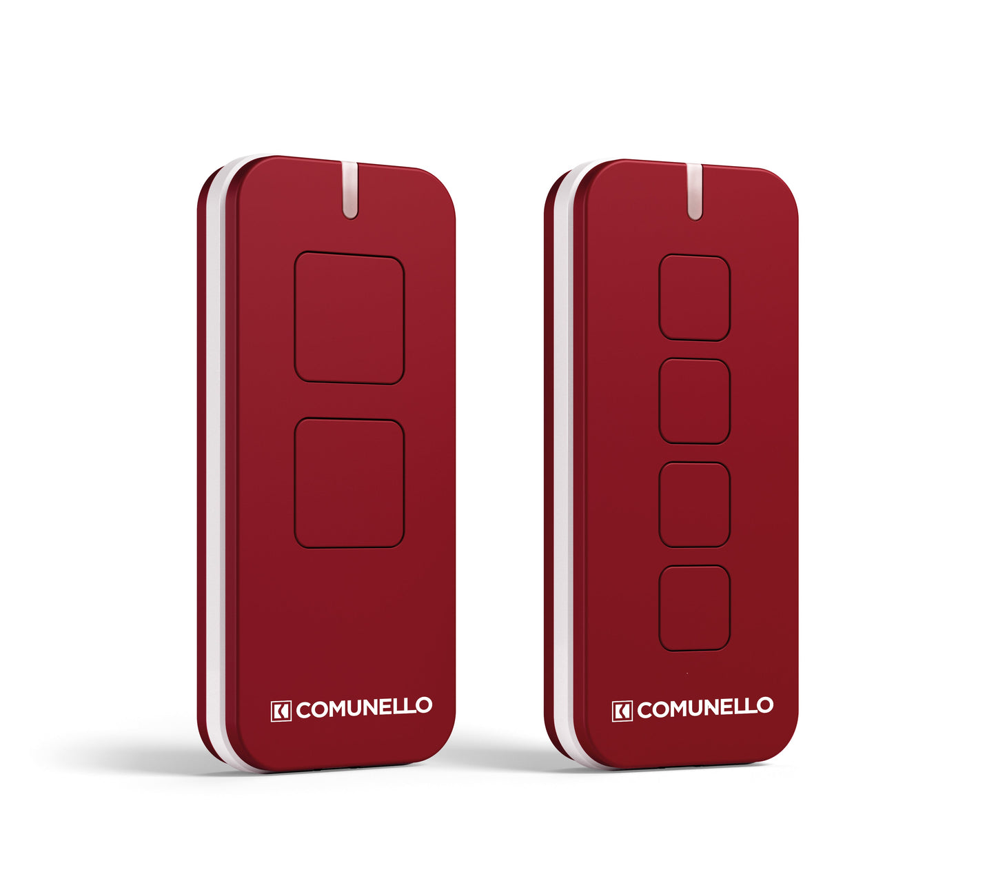 Comunello Remotes Rolling Code in velvet red with multiple buttons, high security features, and a sleek design.